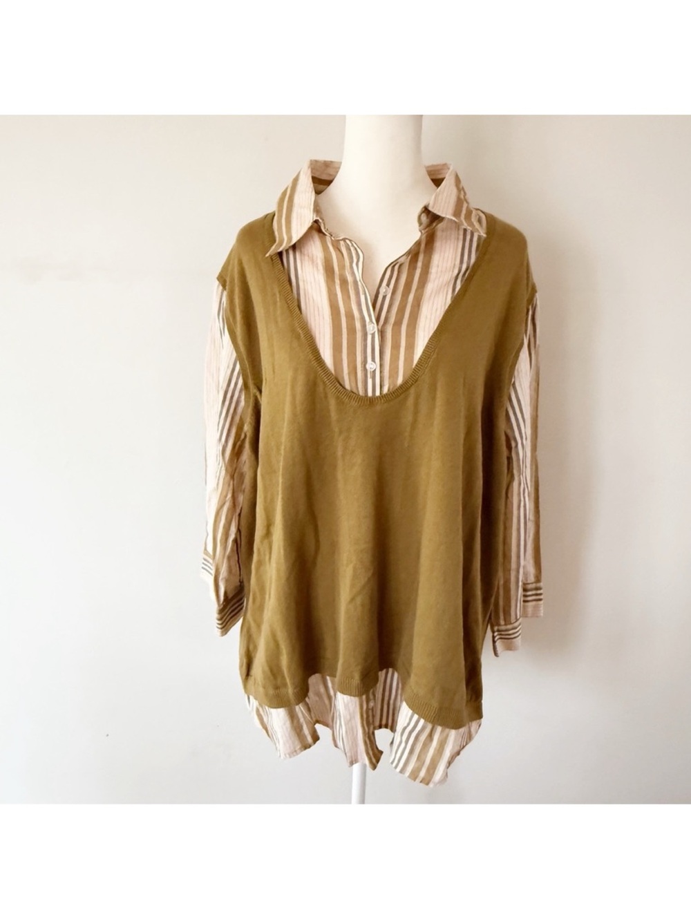 Vintage‎ Women Y2K Cotton Layered Sweater Vest Striped Shirt 2X Office Career